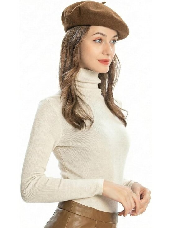 Women\'s Wool French Beret Hat Comfortable Solid Color Soft Beret Cap Brown